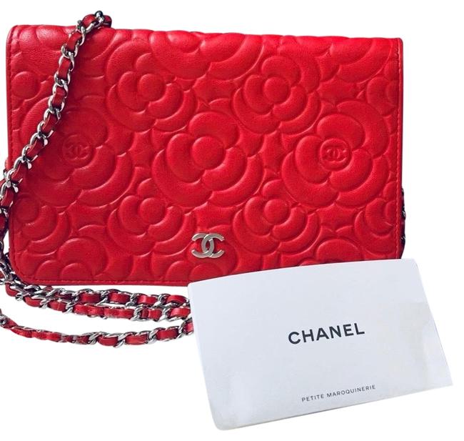 Chanel Mini O mini Red Camelia Lambskin Leather Cross Body Bag 