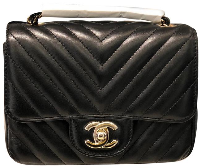 Chanel Mini Square Chevron with Light Gold Hardware Black Lambskin Cross Body Bag 