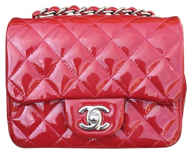 Chanel Mini Square Leather Silver Hardware Red Patent Cross Body Bag 