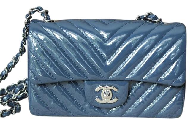 Chanel Navy Blue Patent Chevron Mini Flap Cross Body Bag 
