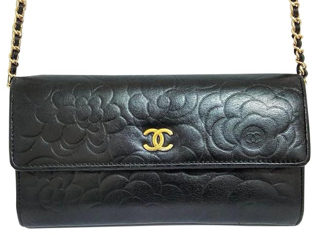 Chanel on Chain Camellia Wallet Black Lambskin Leather Cross Body Bag 