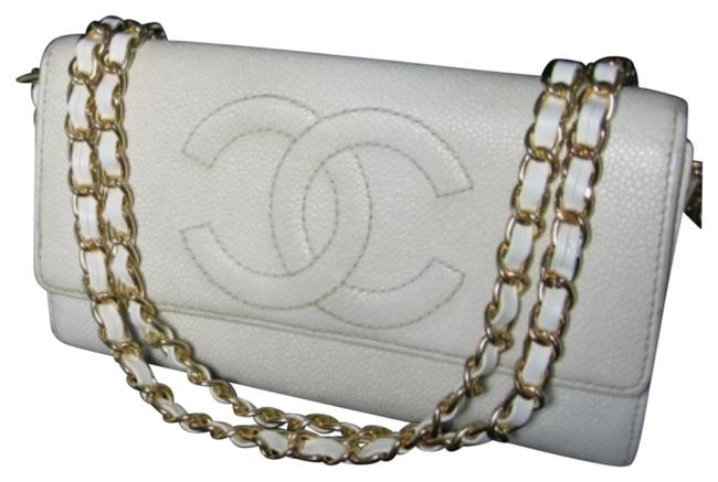Chanel on Chain Cc Logo Large Flap Wallet White Caviar Leather Cross Body Bag 