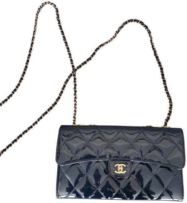 Chanel on Chain Gusset Flap Wallet Deep Blue Patent Leather Cross Body Bag 