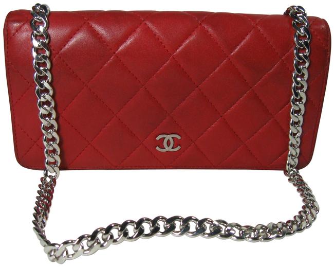 Chanel on Chain Long Cc Full Flap Wallet Red Lambskin Leather Cross Body Bag 