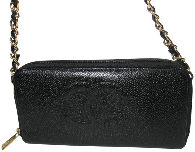 Chanel on Chain Long Wallet Round Zip Cc Black Caviar Leather Cross Body Bag 