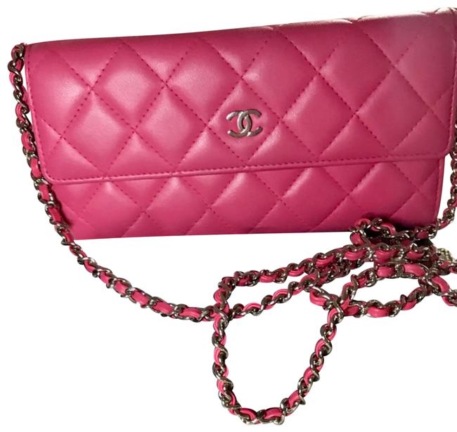 Chanel on Clutch Wallet with Chain Pink Lambskin Leather Cross Body Bag 