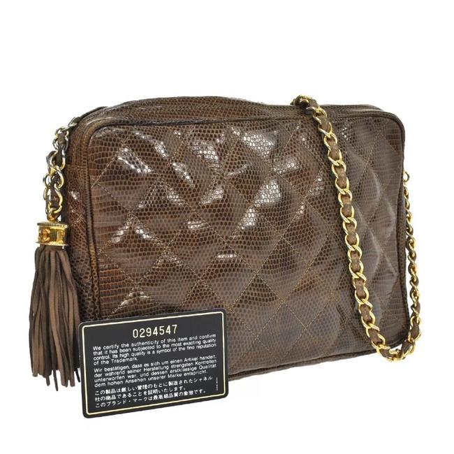 Chanel Shoulder Quilted Cc Fringe Chain Brown Lizard Leather Vintage Cross Body Bag 