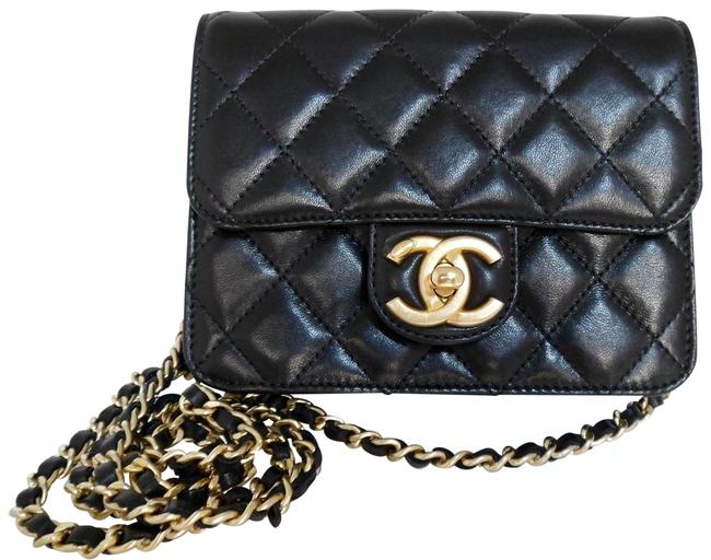 Chanel Quilted Crossing Times Mini Flap Black Lambskin Leather Cross Body Bag 