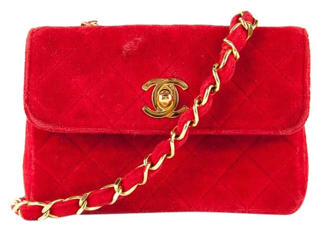 Chanel Mini Quilted Red Velvet Cross Body Bag 