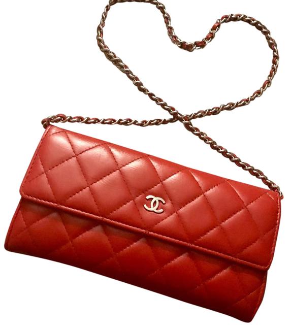 Chanel Quilted Wallet Red Lambskin Leather Cross Body Bag 