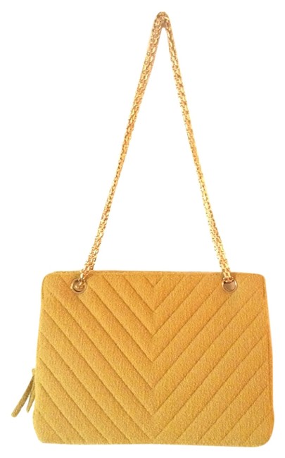 Chanel Tote Rare Vintage Chevron Quilted + Card Gold Wool Cross Body Bag 
