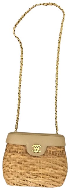 Chanel Rattan Wicker Basket Tan Straw Cross Body Bag 