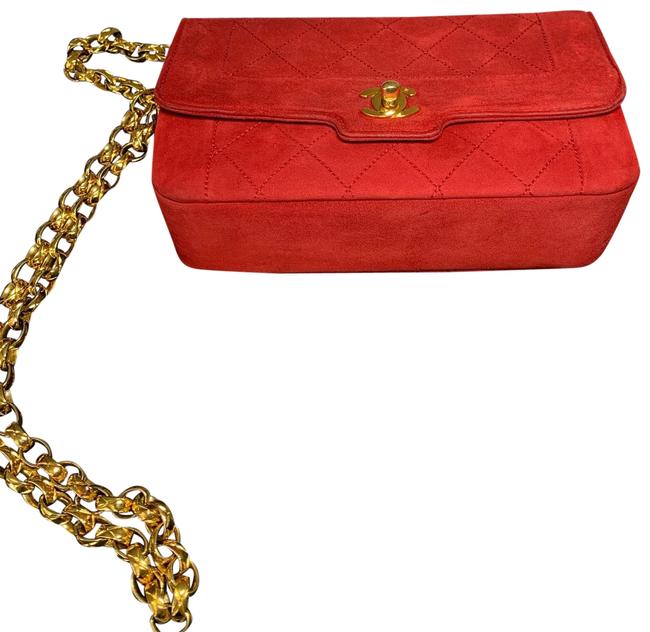 Chanel ? Red Suede Leather with Gold Chain Cross Body Bag 