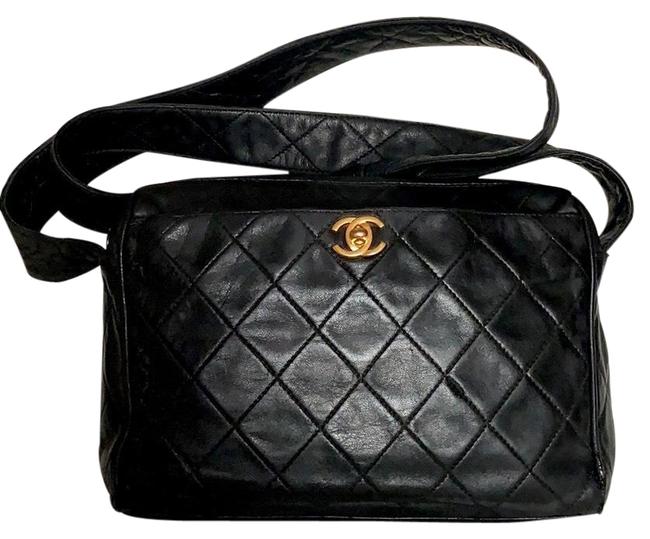 Chanel Shoulder Camera Quilted Cc Logo Black Lambskin Leather Cross Body Bag 