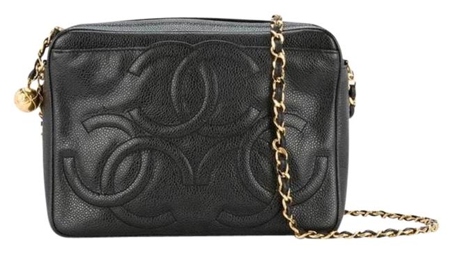 Chanel Triple Cc Logo Black Caviar Leather Cross Body Bag 