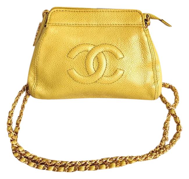 Chanel Vintage Caviar Yellow Leather Cross Body Bag 