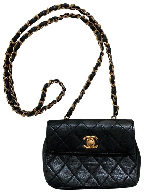 Chanel Vintage Mini Handbag Black Lambskin Leather Cross Body Bag 