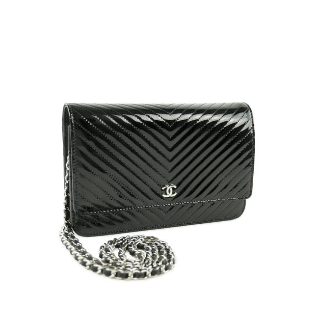 Chanel Wallet on Chain Chevron Patent Black Leather Cross Body Bag 