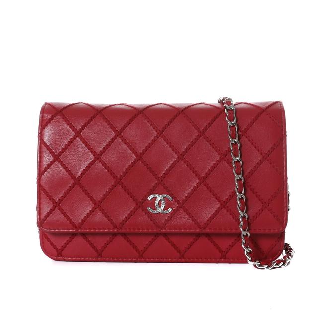 Chanel Wallet on Chain Classic Flap Woc Red Lambskin Leather Cross Body Bag 