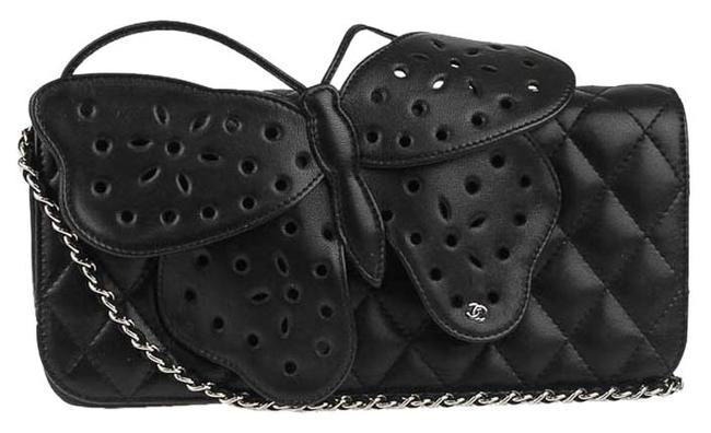 Chanel Wallet on Chain Clutch Butterfly Rare Black Lamb Skin Cross Body Bag 