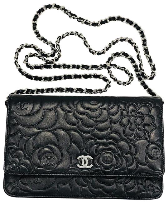 Chanel Wallet on Chain Lambskin Camellia Woc Black Leather Cross Body Bag 