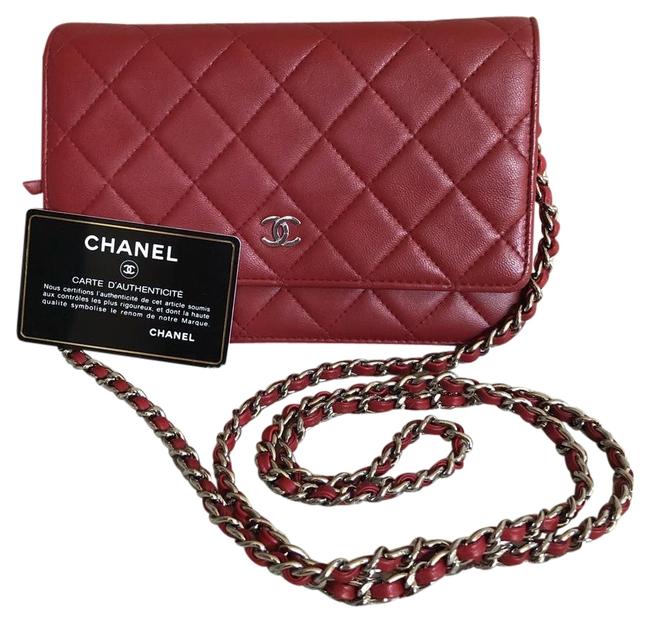 Chanel Wallet on Chain Silver Hardware Red Lambskin Leather Cross Body Bag 