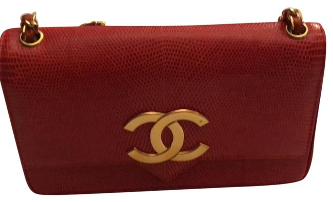 Chanel With Good Woven Chain Red Lizard Skin Leather Cross Body Bag 