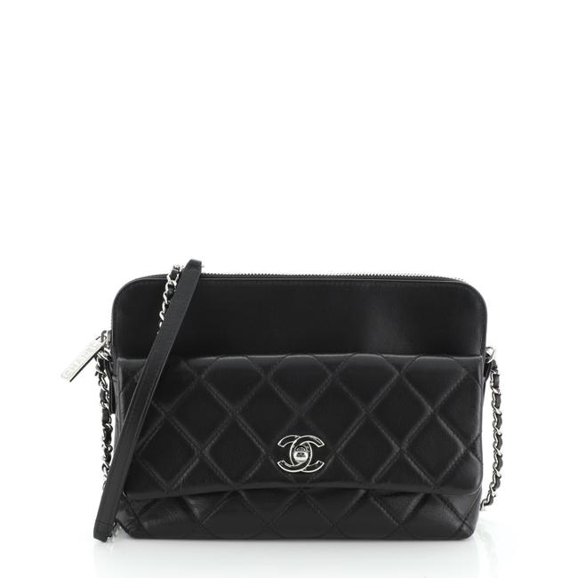 Chanel Zip Top Pocket Quilted Calfskin Small Black Leather Cross Body Bag 