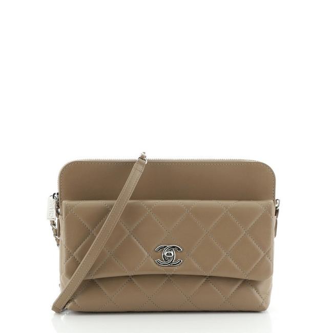 Chanel Zip Top Pocket Quilted Calfskin Small Brown Leather Cross Body Bag 