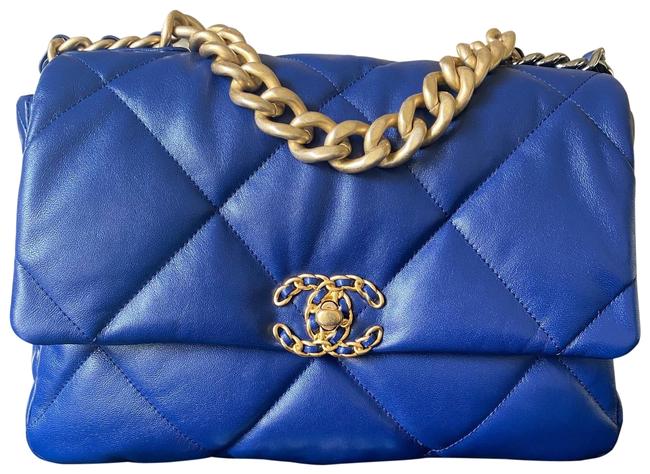 Chanel 19 Large Flap Navy Blue Coated Lambskin Leather Cross Body Bag 