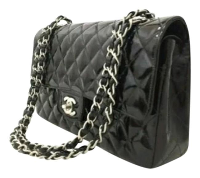 Chanel Classic Flap Quilted Silver Cc Black Patent Leather Cross Body Bag 