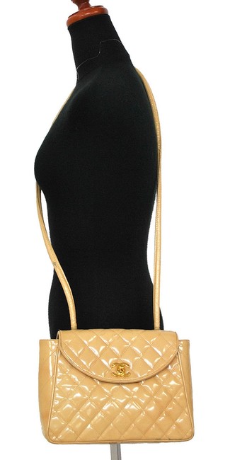 Chanel 8&quot Medium Quilted Patent Leather Beige Cross Body Bag 
