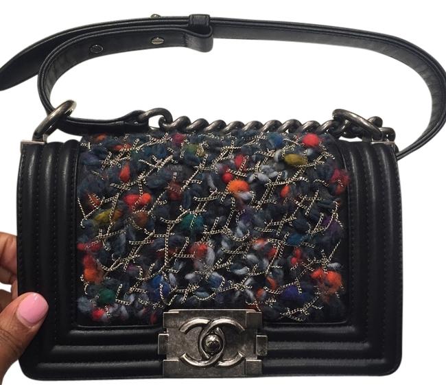 Chanel Boy Black Leather and Multi Color Tweed Cross Body Bag 