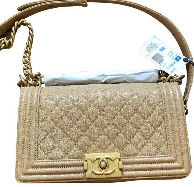 Chanel Boy Caviar Leather Beige Gold Hardware Cross Body Bag 