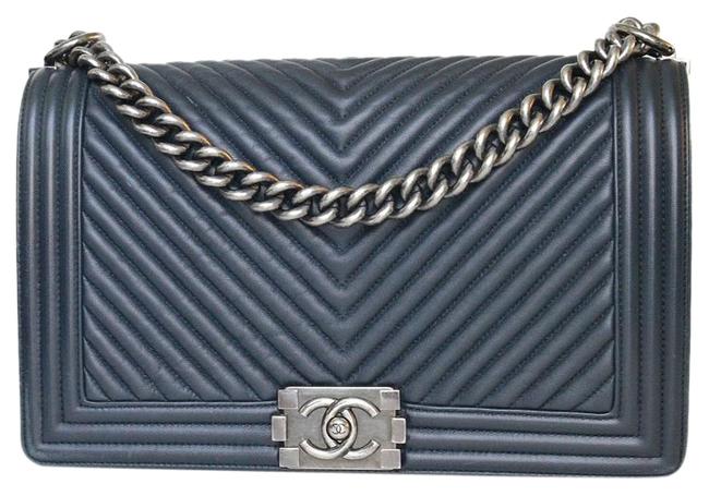 Chanel Shoulder Boy Chervon Large Navy Lambskin Cross Body Bag 