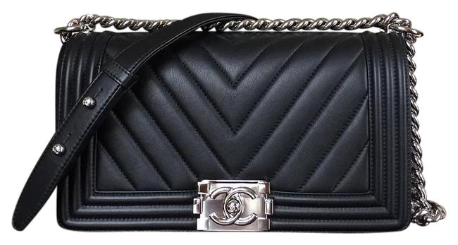 Chanel Boy Chevon Le with Sliver Hardware Black Calf Leather Cross Body Bag 