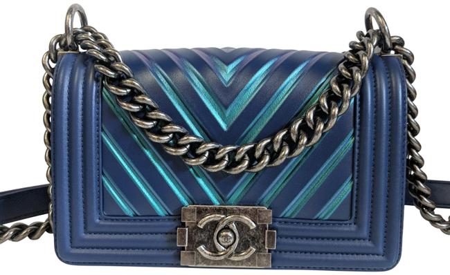 Chanel Boy Chevron Metallic Blue Lambskin Cross Body Bag 