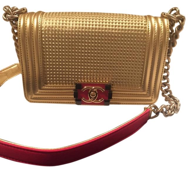 Chanel Classic Flap Boy Metallic Embossed Cube Gold Red Leather Cross Body Bag 