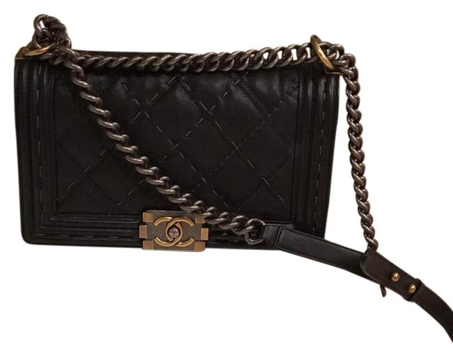 Chanel Classic Flap Boy Stitched Medium Black Leather Cross Body Bag 