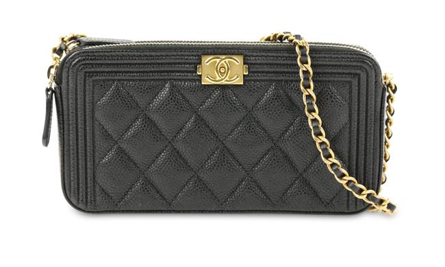 Chanel Boy Double Zip Wallet Black Leather Cross Body Bag 