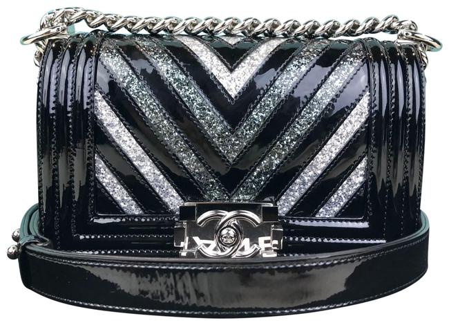 Chanel Boy Glitter Chevron Mini Black Patent Leather Cross Body Bag 
