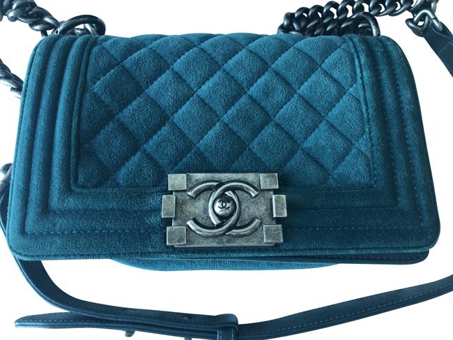 Chanel Boy Green Teal Velvet Cross Body Bag 