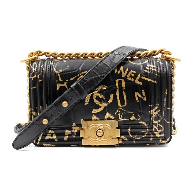 Chanel Boy Handbag Black &amp Gold Crocodile Skin Leather Cross Body Bag 