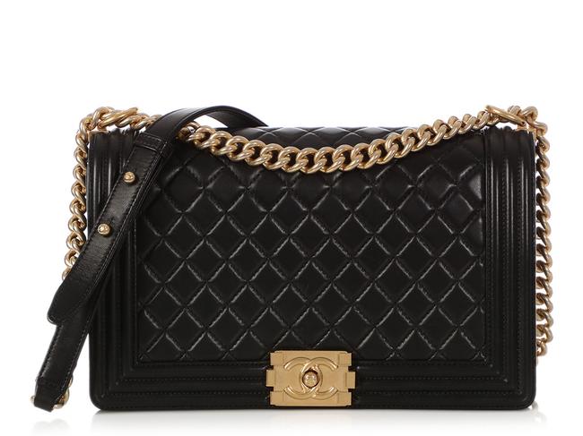 Chanel Boy Large Quilted Black Lambskin Leather Cross Body Bag 