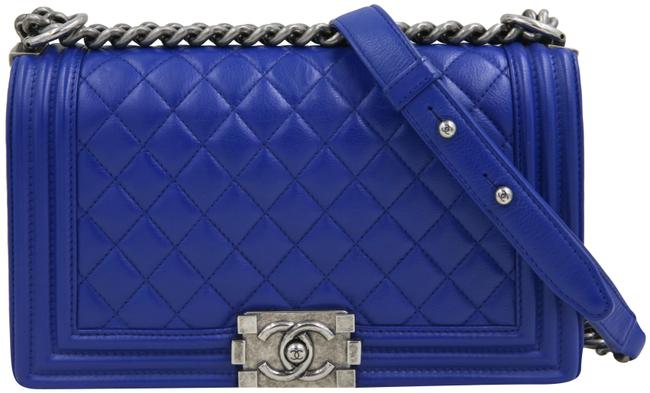 Chanel Boy Le Medium Blue Sliver Calfskin Leather Cross Body Bag 