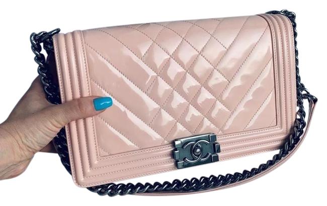 Chanel Boy Le Medium Size Pink Patent Leather Cross Body Bag 