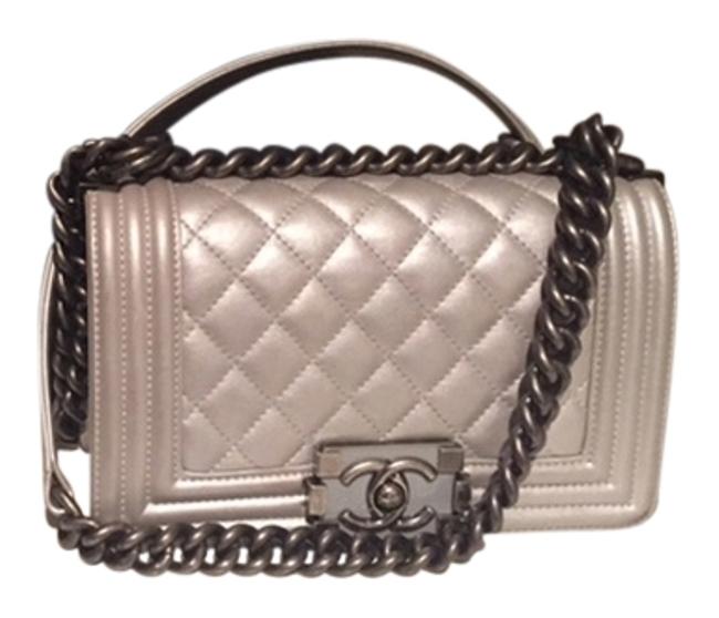 Chanel Boy Le Silver Lambskin Leather Cross Body Bag 
