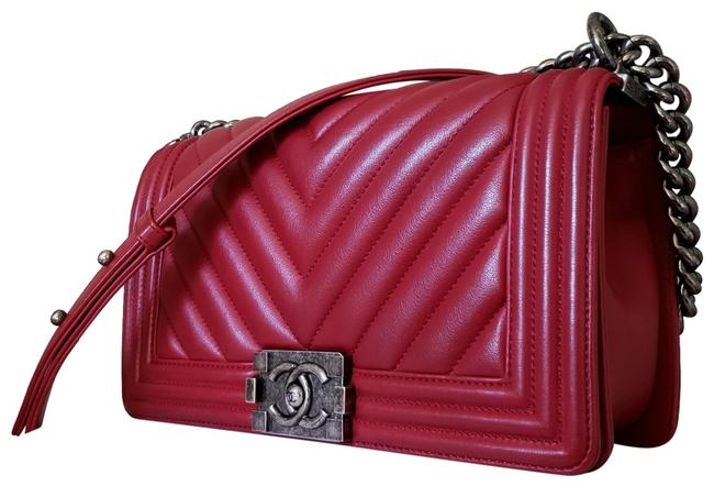 Chanel Boy Medium Chevron Calfskin Classic Red Patent Leather Cross Body Bag 