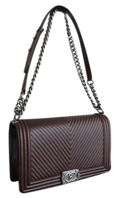 Chanel Shoulder Boy Medium Chevron Le Chocolate Lambskin Cross Body Bag 