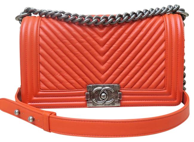 Chanel Shoulder Boy Medium Chevron Le Orange Calfskin Cross Body Bag 